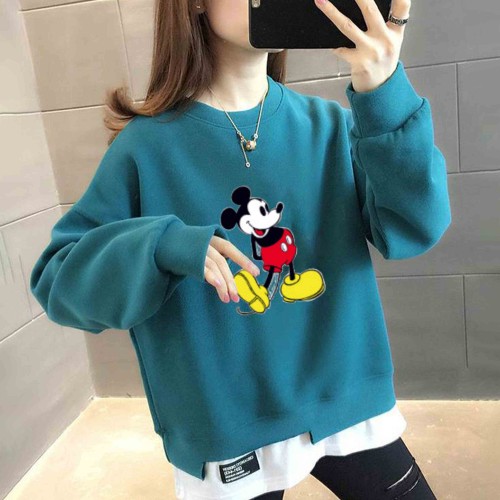 Trendy Mickey Mouse Printing Round Neck Sweater Tops - Green |image