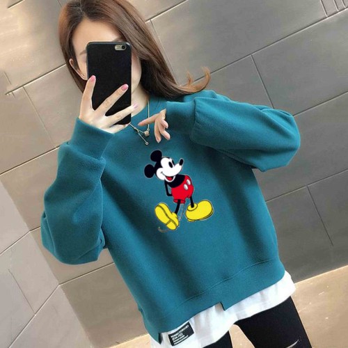 Trendy Mickey Mouse Printing Round Neck Sweater Tops - Green |image