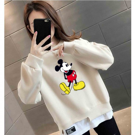 Trendy Mickey Mouse Printing Round Neck Sweater Tops - White |image