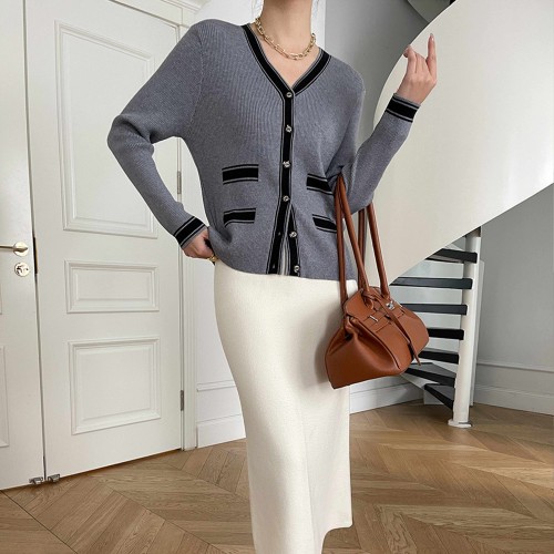 Cardigan Style Soft Waxy Button Closure Women Sweater - Grey |image