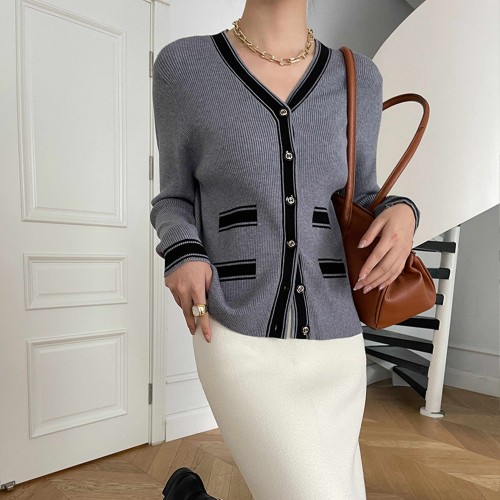 Cardigan Style Soft Waxy Button Closure Women Sweater - Grey |image