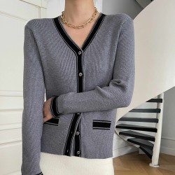 Cardigan Style Soft Waxy Button Closure Women Sweater - Grey