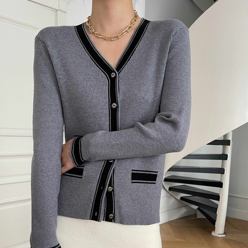 Cardigan Style Soft Waxy Button Closure Women Sweater - Grey |image