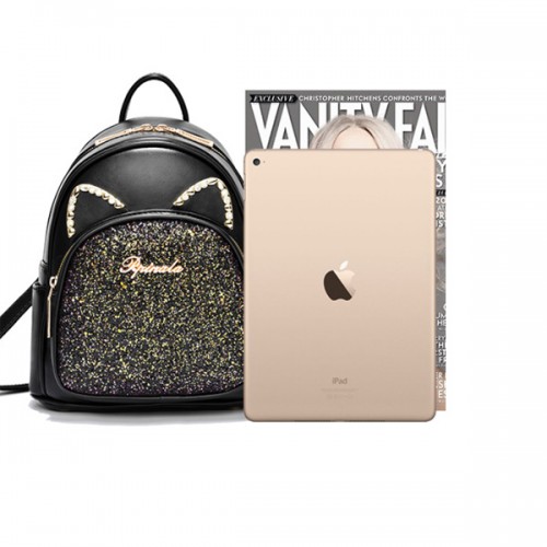 Trendy Cat Design Sequin Decoration Multi Layer Women Backpack - Black |image