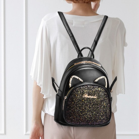 Trendy Cat Design Sequin Decoration Multi Layer Women Backpack - Black |image