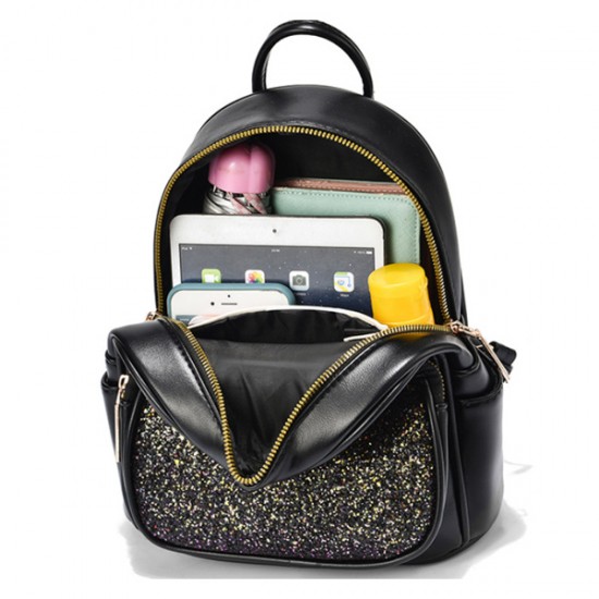 Trendy Cat Design Sequin Decoration Multi Layer Women Backpack - Black |image