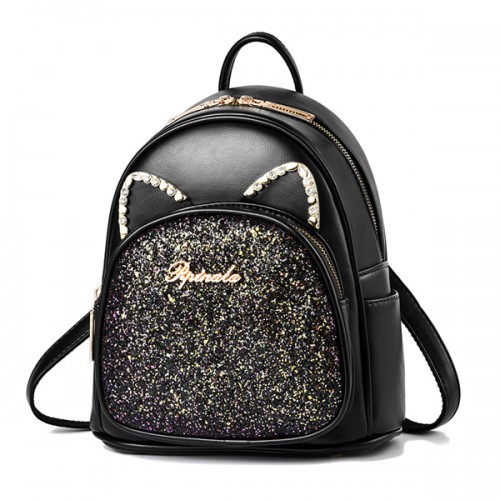 Trendy Cat Design Sequin Decoration Multi Layer Women Backpack - Black |image