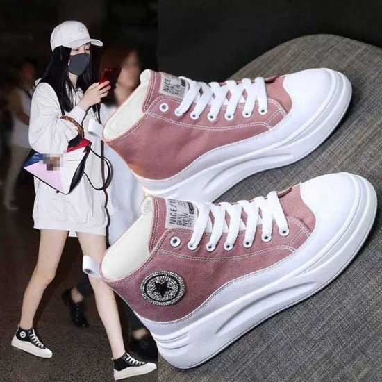 High-top Wedges Lightweight Lace Up Jogging Sneakers - Pink |image
