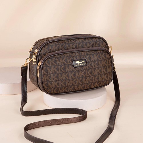 Luxury Letter Printed Diagonal Round Shoulder Bag - Chocolate |image