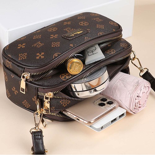 Luxury Floral Diagonal Mini Round Shoulder Bag - Dark Brown |image