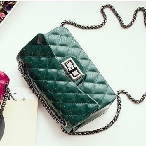 Magnet Buckle Chain Stripe Embossed Rhombus Shoulder Bag - Green |image