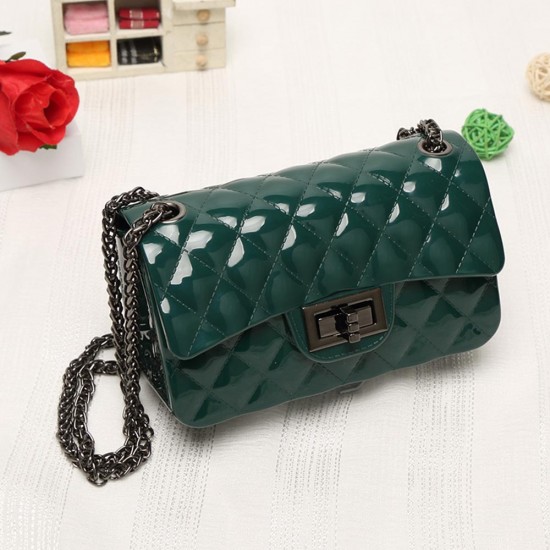 Magnet Buckle Chain Stripe Embossed Rhombus Shoulder Bag - Green |image