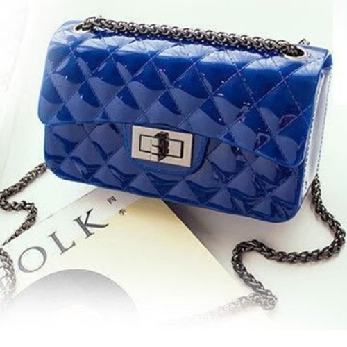 Magnet Buckle Chain Stripe Embossed Rhombus Shoulder Bag - Blue |image