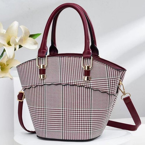 Portable Bucket Plaid Removable Stripe Tote Handbag - Maroon |image