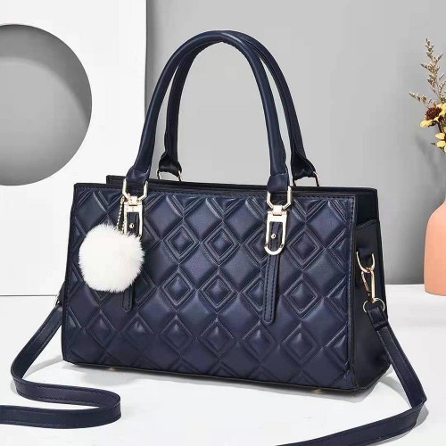 Tandy Rhombus Pattern Fur Ball Hanging Tote Handbag - Blue |image