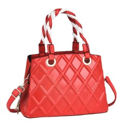 Geometric Pattern Embossed Zipper Closure Tote Handbag - Red