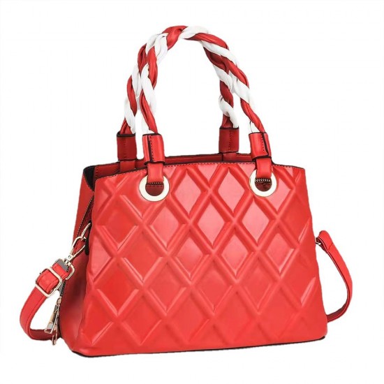 Geometric Pattern Embossed Zipper Closure Tote Handbag - Red |image