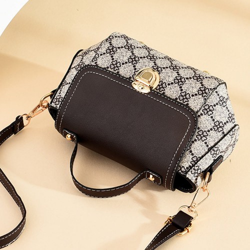 Lock Closure Round Shape Floral Printed Shoulder bag - Light Brown |image