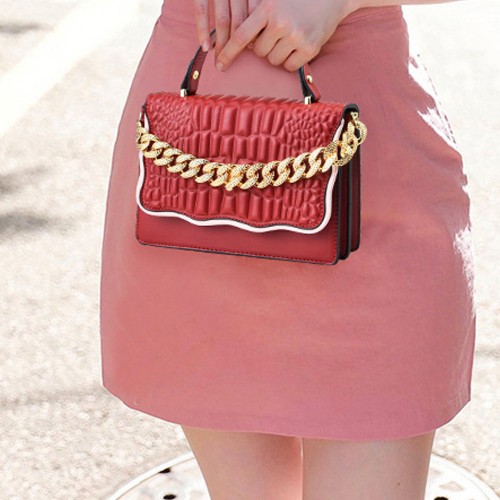 Durable Cross-Border Embossed Chain Texture Handbags - Red |image