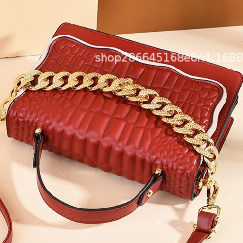 Durable Cross-Border Embossed Chain Texture Handbags - Red |image