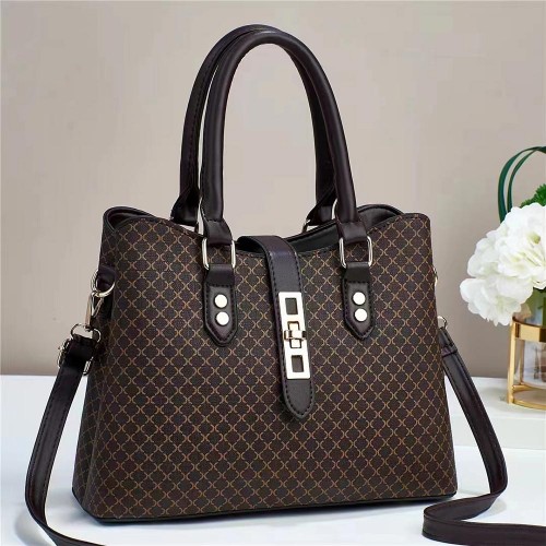 Contrast Bucket Checked Pattern Women Tote Hand bag - Dark Brown |image