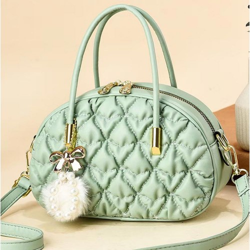 Textured Folded Women Messenger Thin Shell Fur Ball Shoulder Bag - Green |image