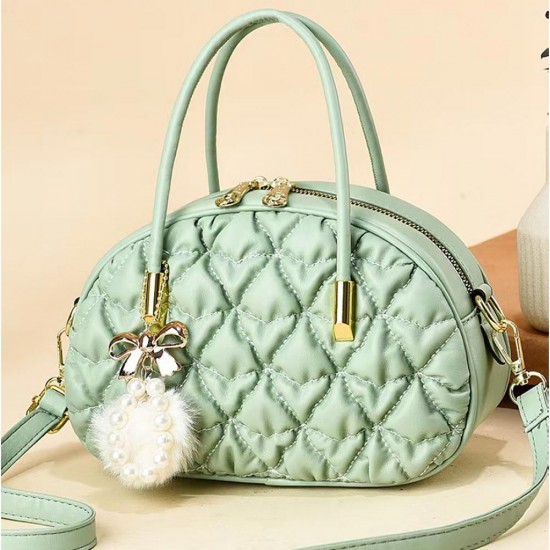 Textured Folded Women Messenger Thin Shell Fur Ball Shoulder Bag - Green |image