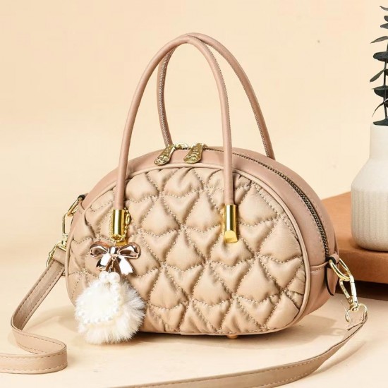 Textured Folded Women Messenger Thin Shell Fur Ball Shoulder Bag - Beige |image
