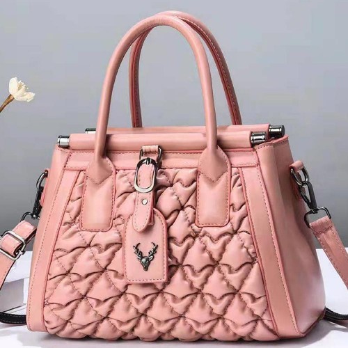 Solid Color Embossed Folded Women Tote Hand Bag - Pink |image