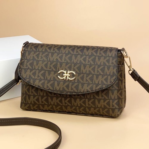 Elegant Zipper Pocket Flap MK Printed Shoulder Bag - Chocolate |image