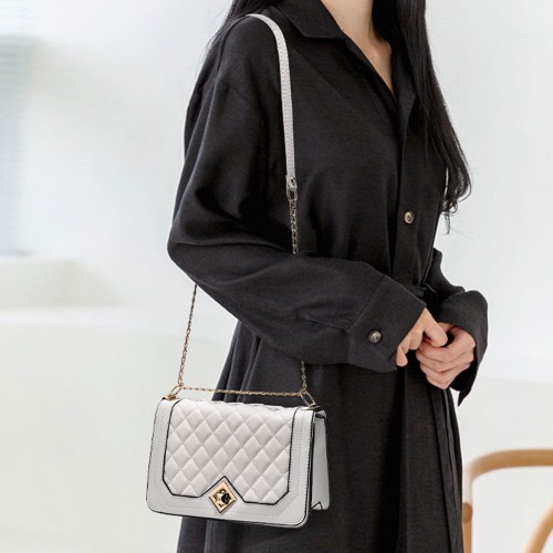 Luxury Lock Closures Rhombus Chain Women Shoulder Bag - White |image