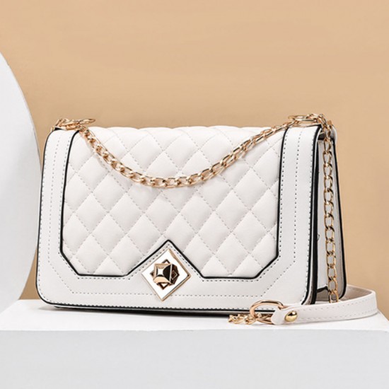 Luxury Lock Closures Rhombus Chain Women Shoulder Bag - White |image