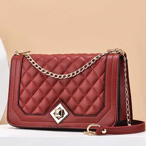 Luxury Lock Closures Rhombus Chain Women Shoulder Bag - Red |image