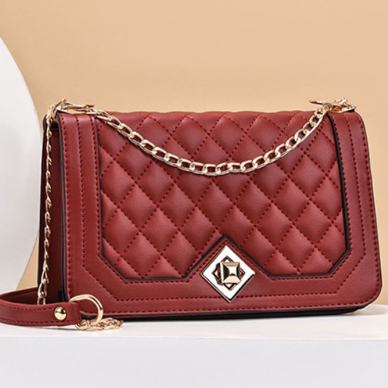Luxury Lock Closures Rhombus Chain Women Shoulder Bag - Red |image