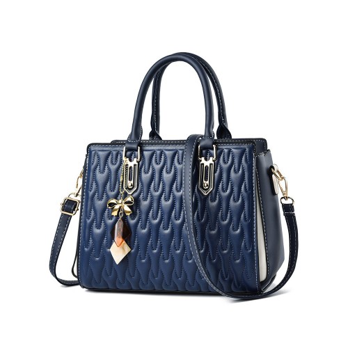 Trendy Wrinkled Embossed Double Hand Tote Hand Bag - Blue |image