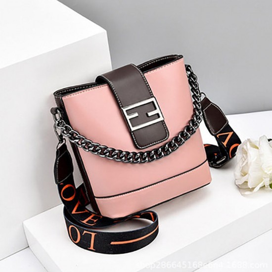 Stylish Luggage Bucket Solid Women Chain Shoulder Bag - Pink |image