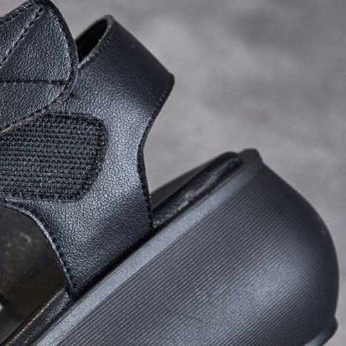 Muffin Flat Fish Mouth Velcro Closure Strappy Women Sandals - Black |image