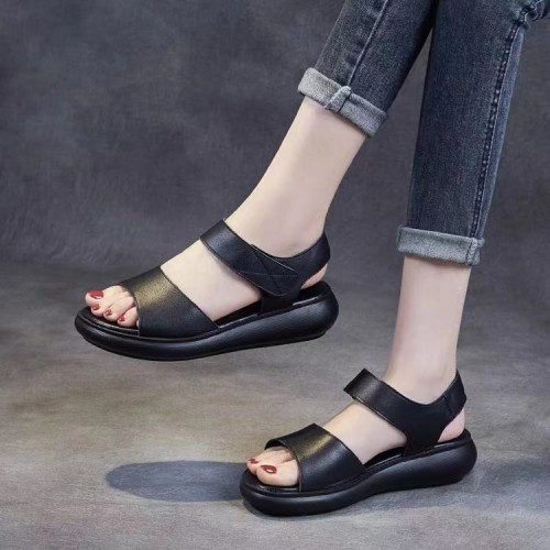 Muffin Flat Fish Mouth Velcro Closure Strappy Women Sandals - Black |image
