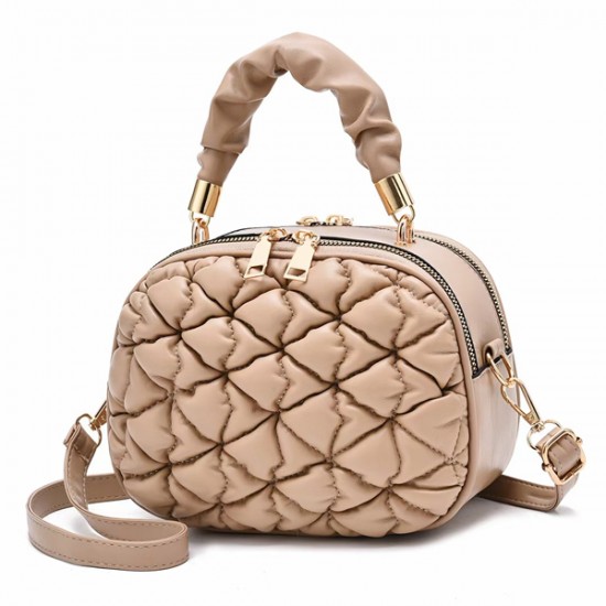 Trendy Winkled Embossed Patch Pocket Women Round Shoulder Bag - Beige |image