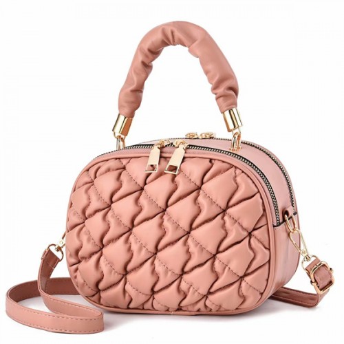 Trendy Winkled Embossed Patch Pocket Women Round Shoulder Bag - Pink |image