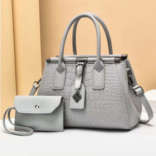 Two Piece Crocodile Pattern Sewing Thread Women Square Hand Bag - Grey |image