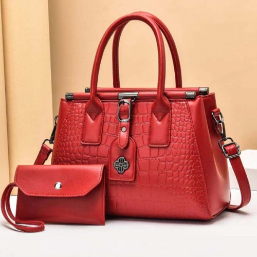 Two Piece Crocodile Pattern Sewing Thread Women Square Hand Bag - Red |image