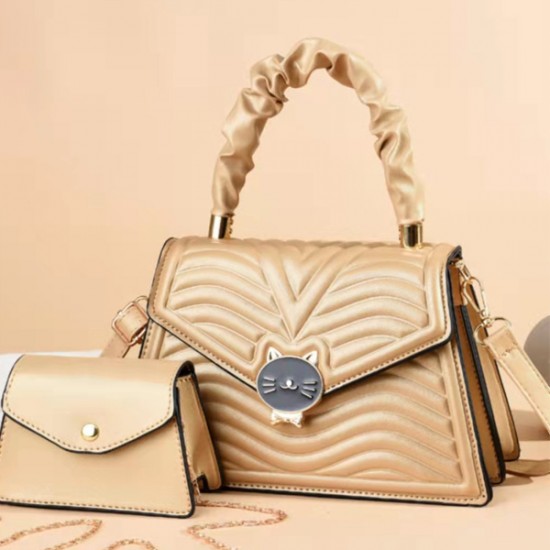 Showing image for Two Piece Cat Kit Flip Embossed Winkled Women Tote Handbag - Beige Two Piece Cat Kit Flip Embossed Winkled Women Tote Handbag - Beige |image