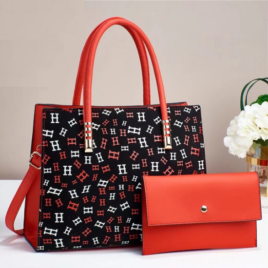 Two-Piece Set Letter Printed Soft Handle Tote Hand Bag - Red |image
