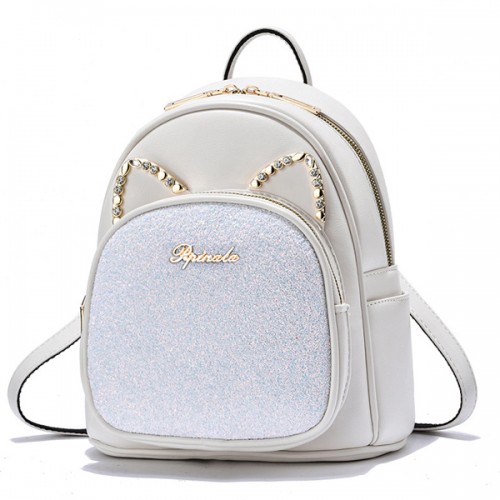 Trendy Cat Design Sequin Decoration Multi Layer Women Backpack - Cream |image