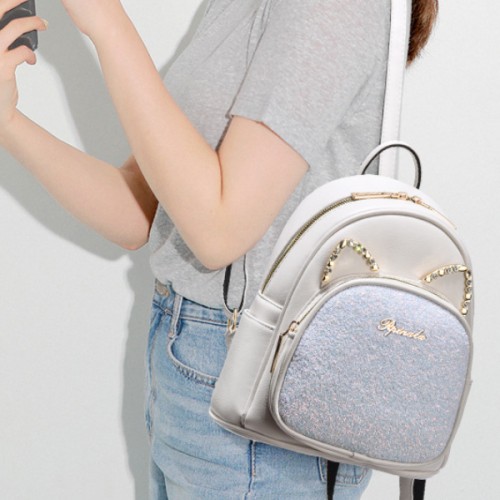 Trendy Cat Design Sequin Decoration Multi Layer Women Backpack - Cream |image