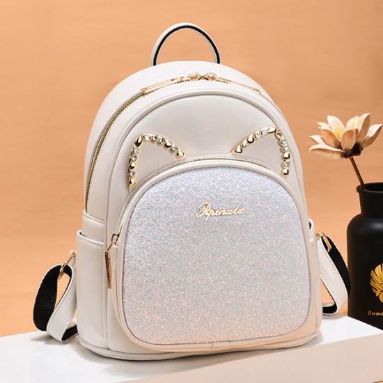 Trendy Cat Design Sequin Decoration Multi Layer Women Backpack - Cream |image