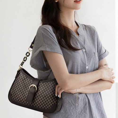 Checkered Buckle Decor Chain Baguette Women Shoulder Bags - Brown |image