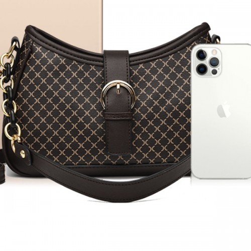 Checkered Buckle Decor Chain Baguette Women Shoulder Bags - Brown |image