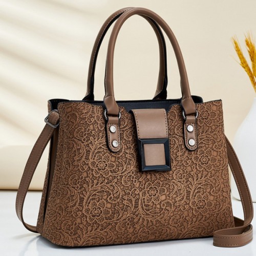 Lace Patterns Double Handle Women Bucket Tote Shoulder Bags - Dark Brown |image